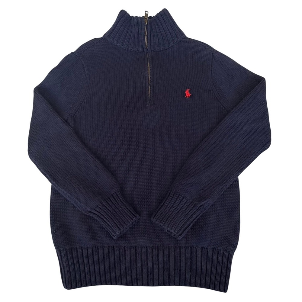 Polo Ralph Lauren Preppy Navy Blue Half-Zip Cotton Knit Sweater Kid 8-10‎